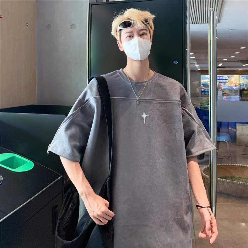 短袖t恤男夏季美式高街重磅麂皮绒体恤衫  P36图片