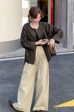 咖色复古立领皮衣夹克女秋2025新款小个子休闲显瘦短款PU皮外套，女装皮衣，2D075