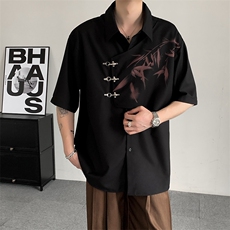 夏装2025新中式风水墨竹子印花结构拼接衬衣短袖男女无性别，男装T恤，星座909