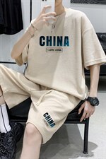 ！2024夏季男士简约字母印花男士华夫格短袖套装HTZ16P50，男装T恤，电商B220
