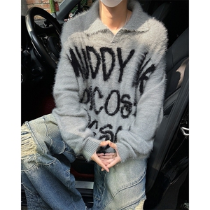 秋季新款港风美式高街字母印花套头翻领毛衣男设计感 MY1536-P60图片