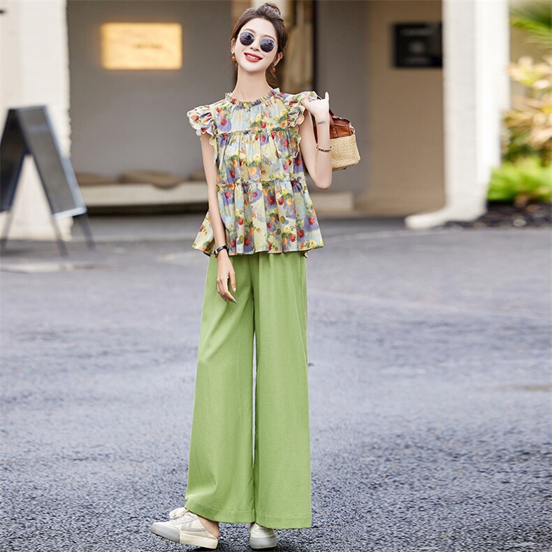 2024夏季新款气质洋气时尚减龄印花飞飞袖+彩色裤两件套，女装套装/套裙，涵墨