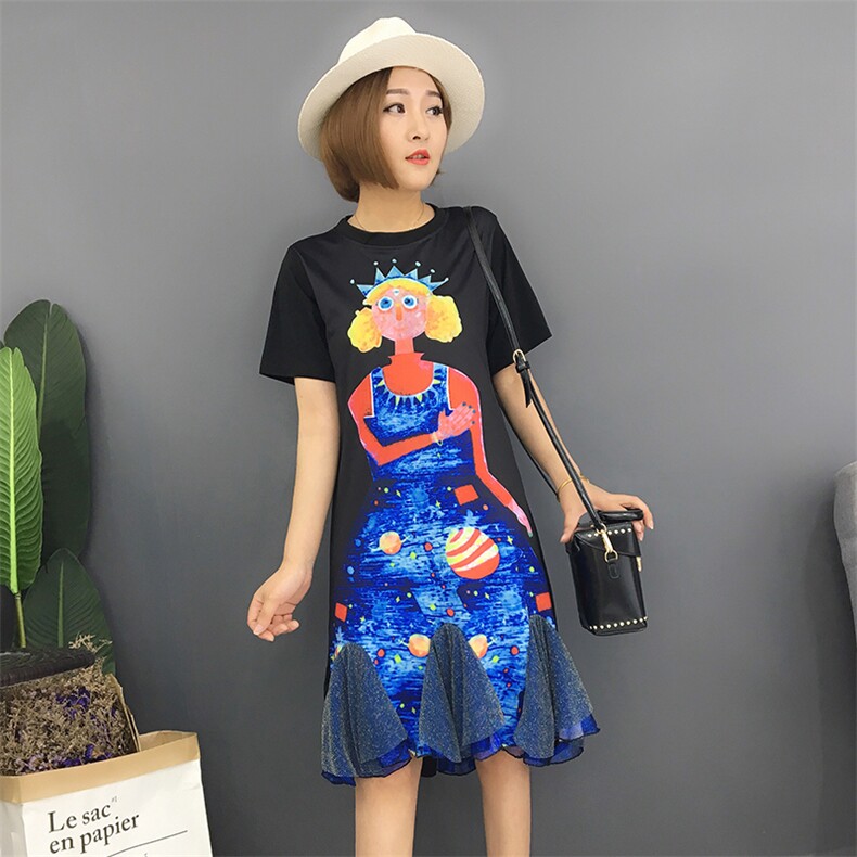 T恤圆领纱网拼接印花2021年夏季短袖中长款时尚韩版潮流图案,女装T恤,诗贝淇