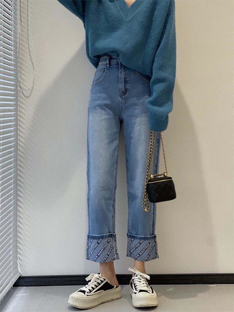 翻边字母直筒牛仔裤，女装牛仔裤，朵朵鱼