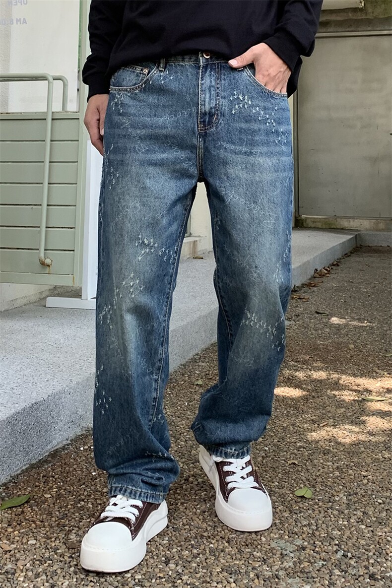 B230档2025秋冬新款美式复古宽松直筒个性抓痕牛仔裤男9132P95,男装牛仔裤,电商B230