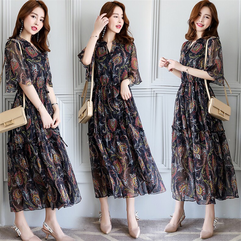 大喜自制｜浮世绘真丝系列-连衣裙｜100.%桑蚕丝波西米亚风连衣裙，女装连衣裙，木橙西子