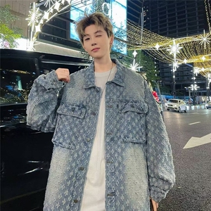 美式潮牌秋装新款小众设计感印花复古牛仔外套情侣装宽松夹克上衣图片