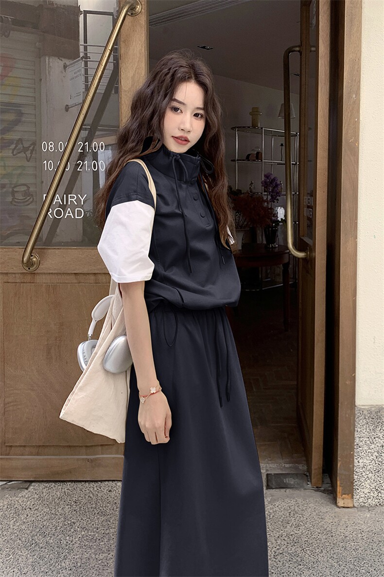 极简风法式学院风时尚套装裙子百搭套装拼接夏装夏季短袖运动针织,女装套装/套裙,2C212