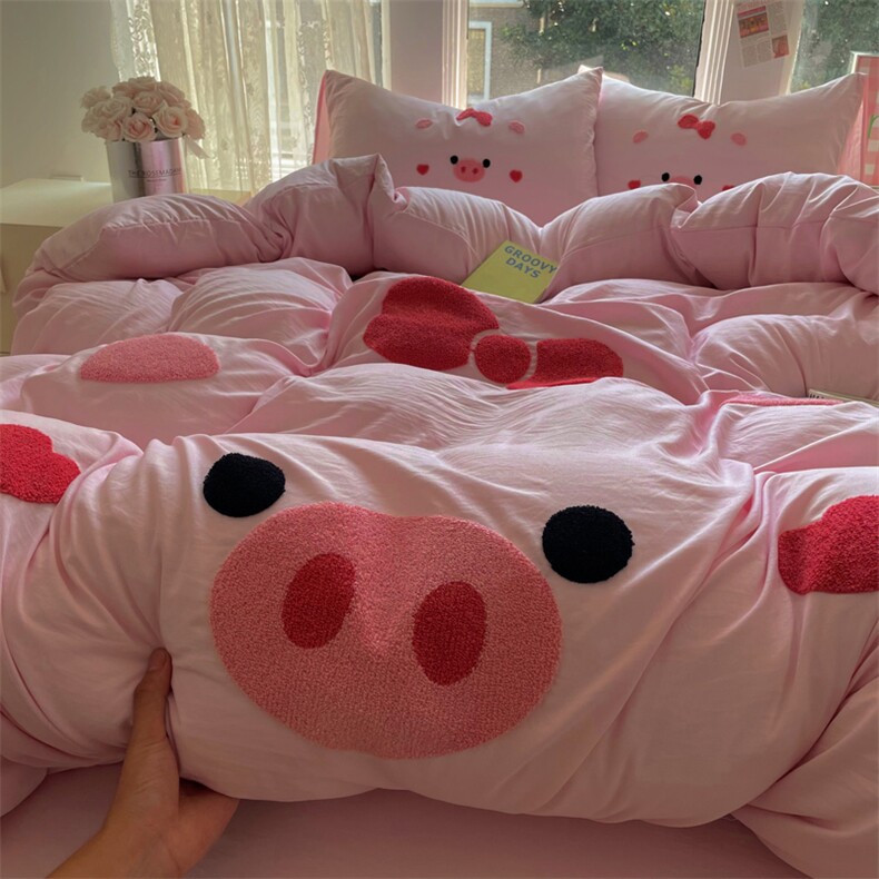 新款水洗棉大版毛巾绣四件套-猪猪女孩，床品套件，一起卖家纺