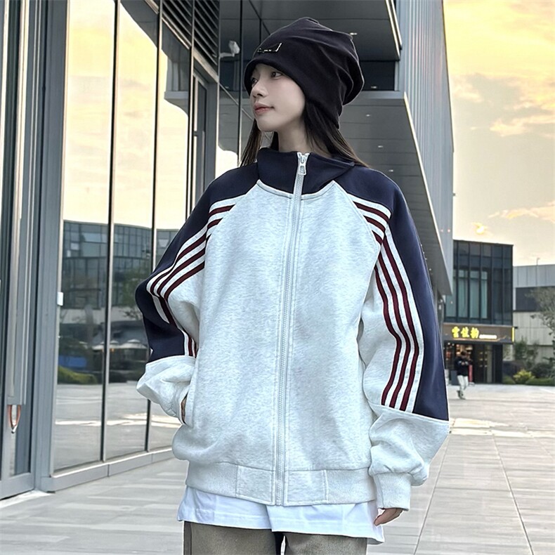 抖音得物高品质26春装美式高街重磅织带拼接撞色立领卫衣外套CM41,女装短外套,电商A486
