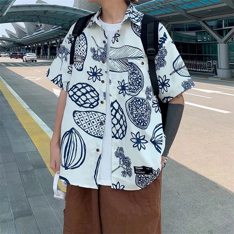 涂鸦花衬衫短袖男宽松夏季美式ins复古百搭衬衣外套CS02126-P30,男装衬衫,星座308B-1