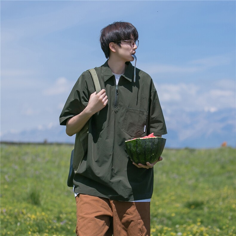 山系半拉链短袖t恤男polo衫夏季薄款日系cityboy休闲工装半袖衬衫,男装衬衫,四季星座518-2