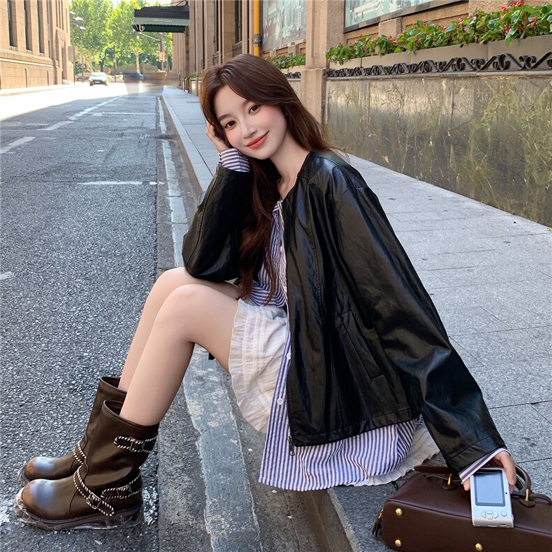 小众甜酷风假两件皮衣女秋2025新款小个子休闲显瘦PU皮短外套,女装皮衣,2D043