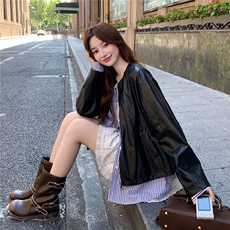 小众甜酷风假两件皮衣女秋2025新款小个子休闲显瘦PU皮短外套，女装皮衣，2D043