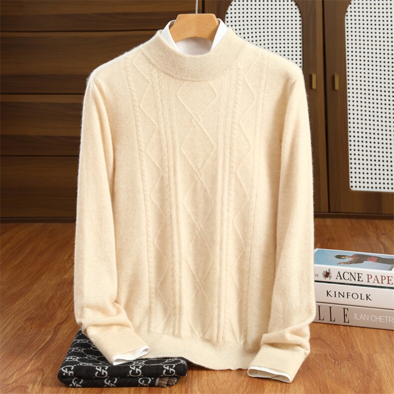 10%男款衫半高领中间菱形两边绞花男装，男装羊绒套衫，昭美羊绒
