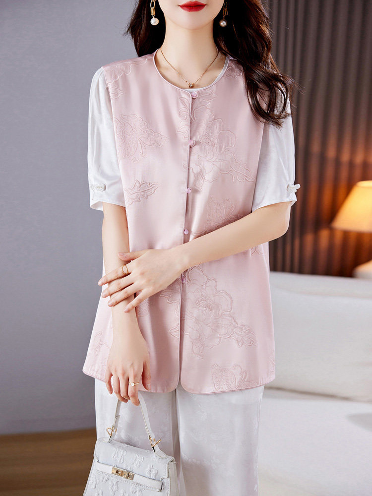 2023新款夏季女装圆领刺绣复古中式唐装显瘦减龄马甲（套装选购）,女装套装/套裙,施恩睿棋