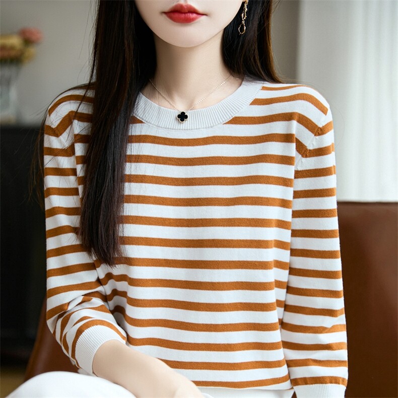 100%纯棉针织七分袖T恤女圆领条纹拼色中袖宽松棉麻短袖打底上衣,针织衫/毛衣,长今羊