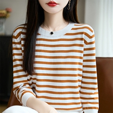 100%纯棉针织七分袖T恤女圆领条纹拼色中袖宽松棉麻短袖打底上衣，女装针织衫/毛衣，长今羊