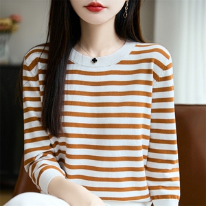 100%纯棉针织七分袖T恤女圆领条纹拼色中袖宽松棉麻短袖打底上衣图片
