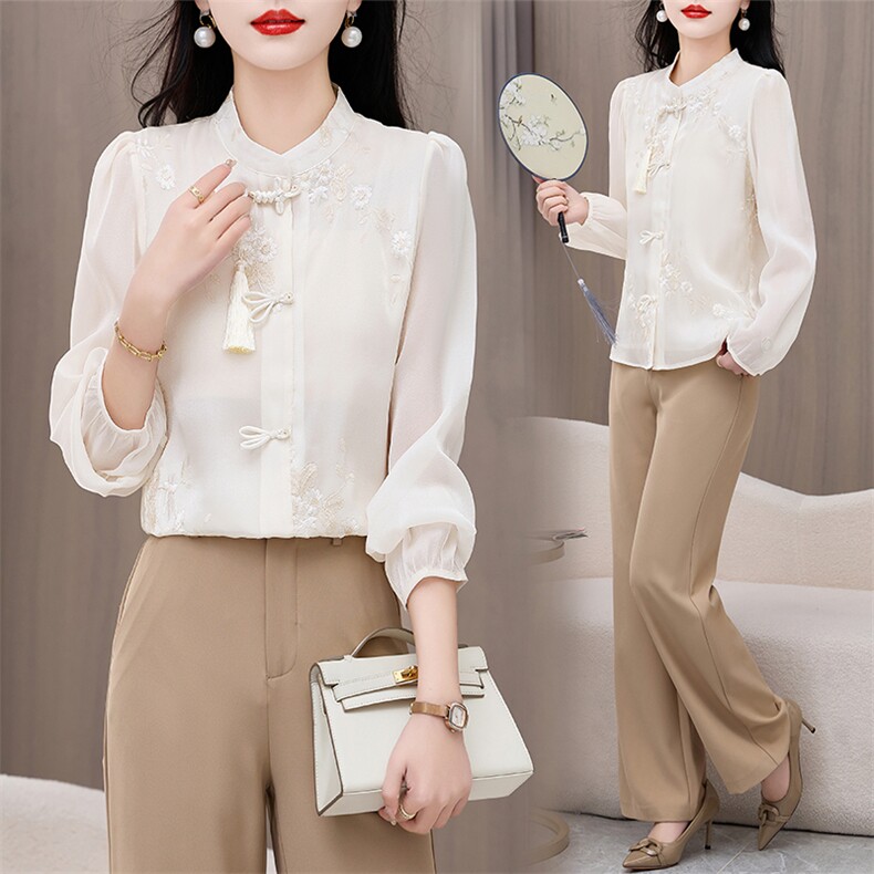 现货娃娃领长袖衬衫女复古设计感小众春季2024新款宽松衬衣，女装衬衫，然然