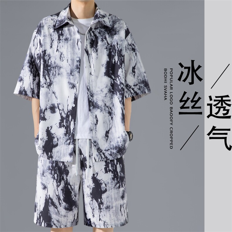 2024夏季新款港风无影墙大码冰丝衬衫套装M-5XHQ24503-特P50,男装休闲套装,电商A022