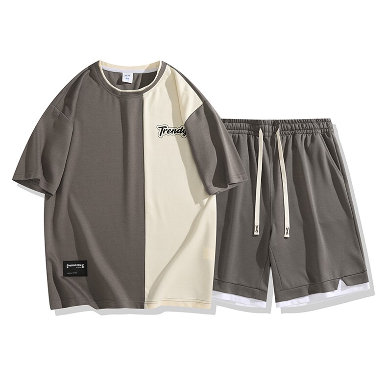 夏季运动套装日系白底休闲百搭时尚短套装CK2410+TC3155-P51控89,男装休闲套装,星座717