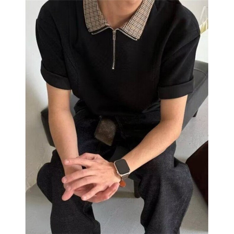 夏季新款简约半拉链短袖polo衫男士宽松千鸟格拼色T恤衫THJ82,男装Polo衫,星座1116A（原606A-3）