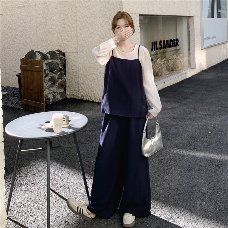 时尚韩系套装女春秋新款设计感小众上衣吊带衫阔腿裤三件套,女装套装/套裙,2C166