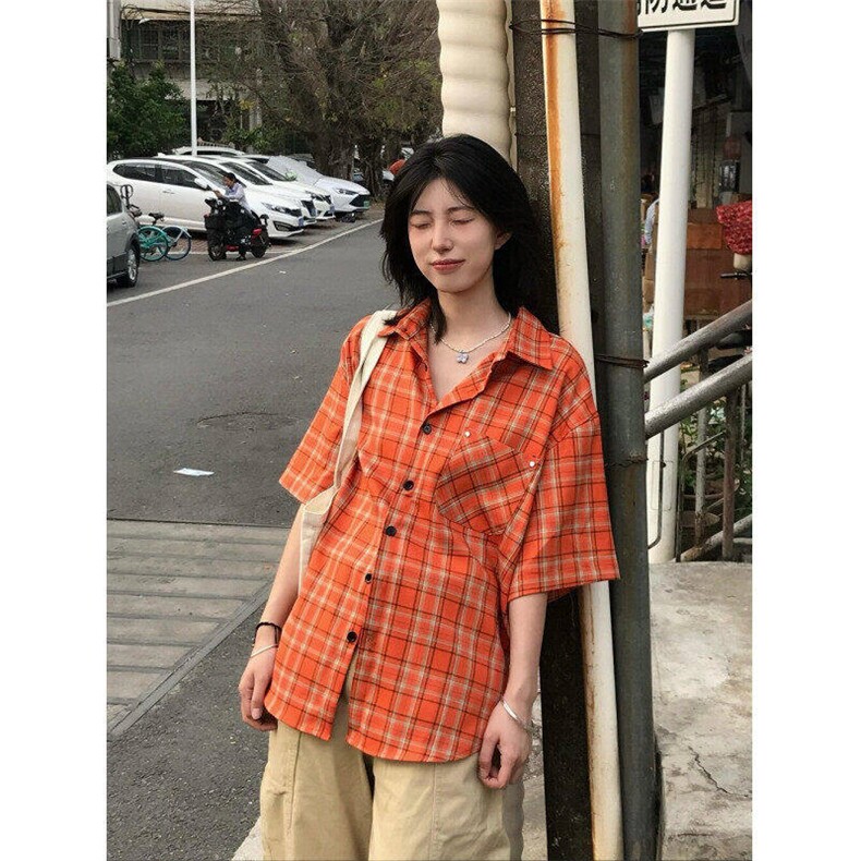 美式复古格纹短袖衬衫男女宽松百搭休闲高街情侣衬衣L52622-P31,男装T恤,星座1008