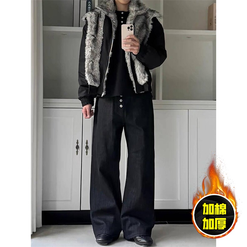 现货高品质美式高街重磅狼王座山雕毛毛领假两件棉衣加厚棉服外套，男装棉衣，电商A486-1