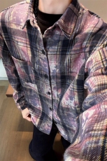 美式高街仿扎染长袖衬衫男复古休闲格子外套女V3072-TP28不，男装衬衫，电商A102