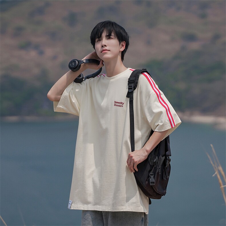 条纹短袖T恤夏季高街港风潮流宽松印花男装T恤B225-T9201-P43-X58图片