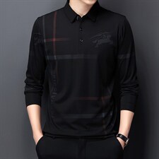 中年男装长袖T恤男2023春季新款纯色翻领商务休闲百搭条纹polo衫图片
