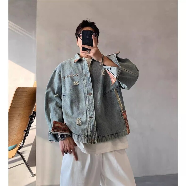春秋美式撞色牛仔外套男设计感衣角撞色潮复古宽松夹克HH8222 P78图片