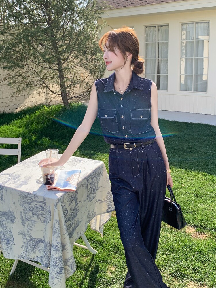休闲气质牛仔无袖衬衫套装裤女夏2026新款两件套韩系穿搭时尚,女装套装/套裙,印象茜
