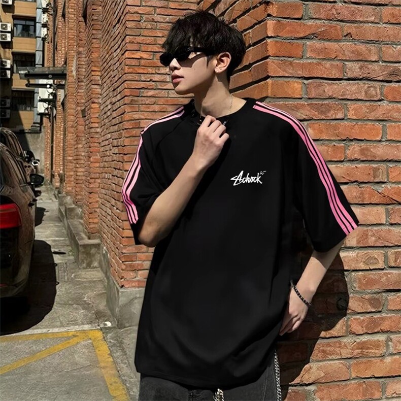 抖音得物品质二开240克宽松纯棉美式潮牌印花三条杠中性风短袖T恤，男装T恤，电商A486-1