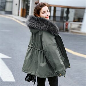 棉衣/棉服2021新款冬兔毛中长款工装带帽棉服女外套配毛领图片