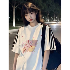 抖音得物高品质二开240克宽松纯棉美式潮牌三条杠织带短袖T恤，男装T恤，电商A486-1