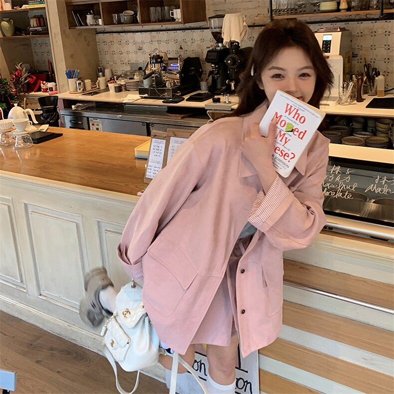 粉色单排扣格纹拼接外套两件套女春2025新款甜酷风宽松百褶裙套装,女装套装/套裙,2C120