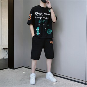 夏季新款短袖T恤套装青少年休闲宽松潮流两件套男装F310P58图片
