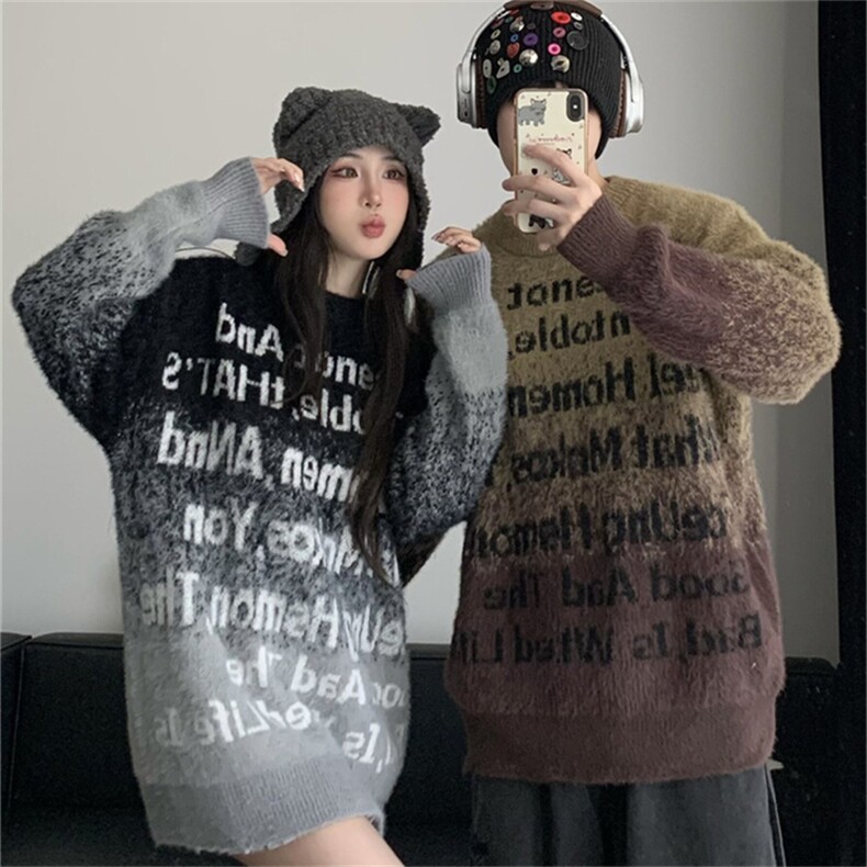 秋冬慵懒风宽松软糯情侣装毛衣设计感渐变字母针织衫男M1655-P62，男装针织衫/毛衣，星座512-4