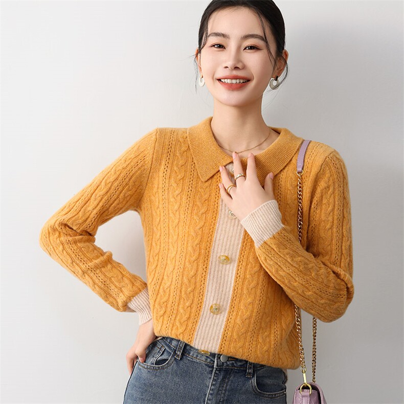 秋冬季新款舒适显瘦时尚百搭POLO领单排扣羊毛衫,女装羊毛衫,琳尚羊绒