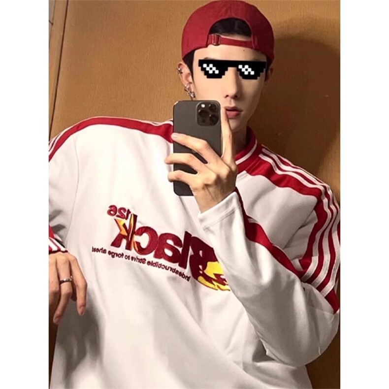 条纹火焰圆领棒球服卫衣潮牌高级感橄榄冰球服外套WY99特P38,女装短外套,星座908-1