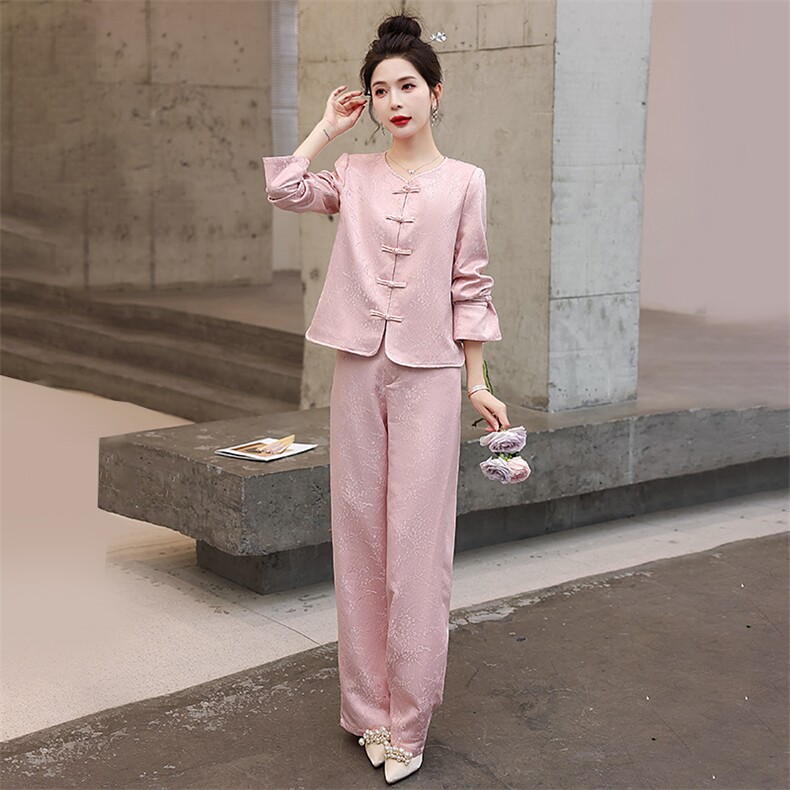 新中式国风套装女2024春秋新款禅意茶服复古盘扣唐装阔腿裤两件套,女装套装/套裙,韩美纤衣