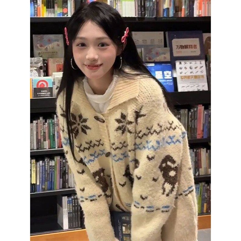 韩系甜美翻领提花费尔岛毛衣开衫女冬季加厚保暖针织衫外套,针织衫/毛衣,星座506A