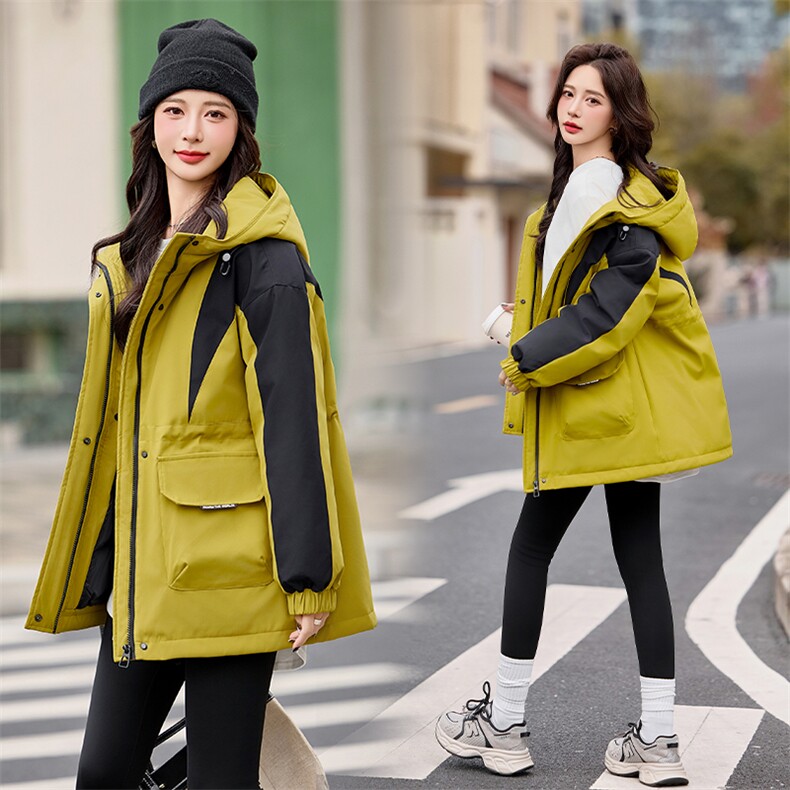 撞色拼接工装派克羽绒服女2024冬新款时尚休闲保暖加厚白鸭绒外套,女装羽绒服,采品优优