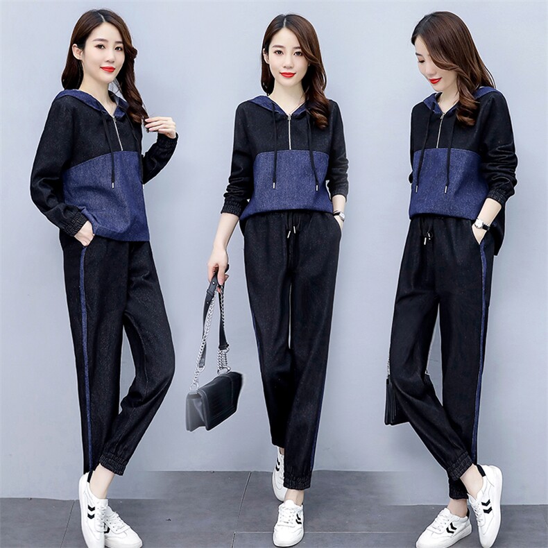 2021春秋季新款时尚气质牛仔撞色连帽两件套，女装套装/套裙，艾尚靓装
