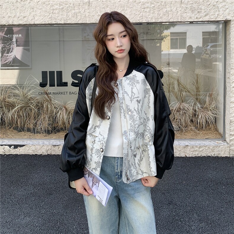 拉链中式纽扣棒球服常规女秋季短款时尚外套小众韩版春秋牛仔时尚,女装皮衣,2C057