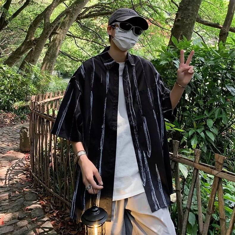 夏季新款条纹短袖衬衫男潮休闲外套流行街头开衫衬衣CS108-P30,男装衬衫,星座1109-3