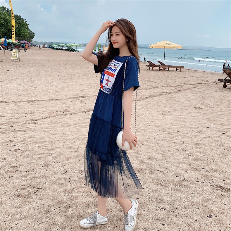 现货8319-1709-P95新款印花网纱拼接连衣裙控价148,女装连衣裙,浙宝271